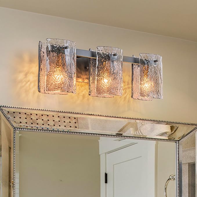 EDISLIVE Vintage Bathroom Vanity Light Black 3-Light Bath Wall Light Fixture with Ripple Block Shades Glass 23.6" E12 Antique Wall Sconce for Bedroom Hallway Living Room Vanity Mirror