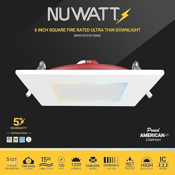 NUWATT 6" Fire Rated Recessed Light, 90 CRI Wafer Lights 6 Inch, 5CCT 2700K/3000K/3500K/4000K/5000K, 15W, Dimmable 1200LM, Wet & IC Rated LED Square Recessed Lighting, No Tenmat Needed, ETL, 6 Pack