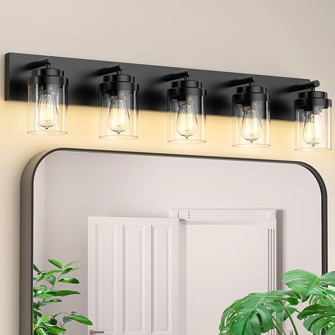 IZORRO Bathroom Vanity Light Fixture, 5-Light 36 Inch Matte Black Bathroom Light Fixtures Over Mirror, with Clear Glass Shade, Modern Farmhouse Vanity Lights, Rustic Restroom Lighting Fixtures