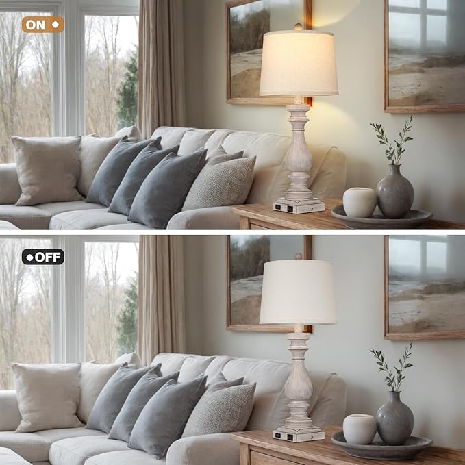 27.5" Tall Farmhouse Lamp,Wash-Grey Vintage Bedside Lamp with USB Charging Ports A/C,3-Way Dimmable Touch Control Retro Lamps for Bedroom Living Room,Single Grey