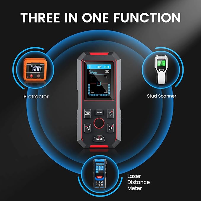 Stud Finder with 196ft Laser Measure, 3 in 1 Electric Wall Scanner Sensor with ±0.1° Digital Level Lithium Battery, LCD Studs Detector Audio Broadcast for Wood Magnetic Metal AC Wire Finding