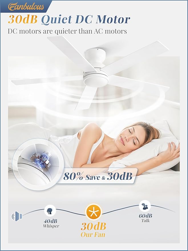 48 Inch Flush Mount Ceiling Fan without lights, White Ceiling Fan with Remote, 6-Speeds, Quiet Reversible DC Motor, Indoor/Outdoor Ceiling Fans for Living Room, Bedroom, Patio