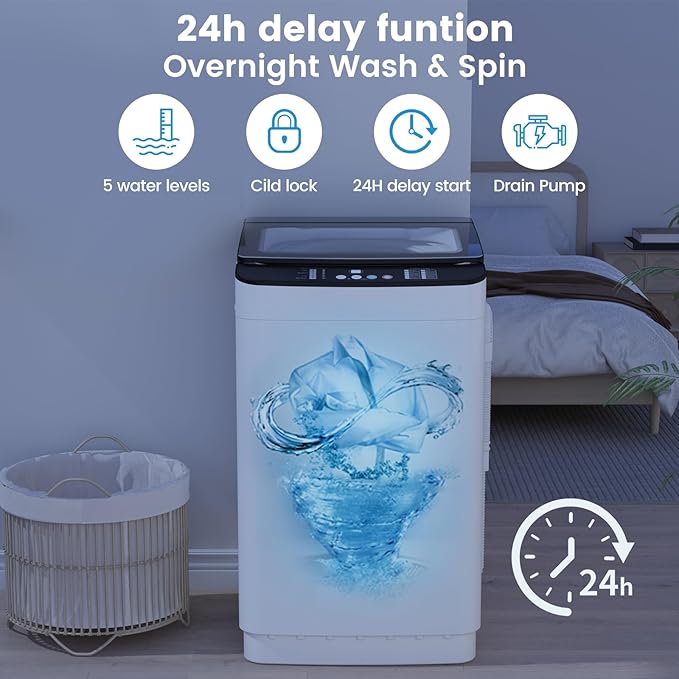 VCJ Portable Washing Machine, 28 Lbs Full-Automatic Portable Washer with 10 Wash Cycles, 24 H Delays, LED Display, Electric Laundry Machine for Apartment, RVs, Dorms