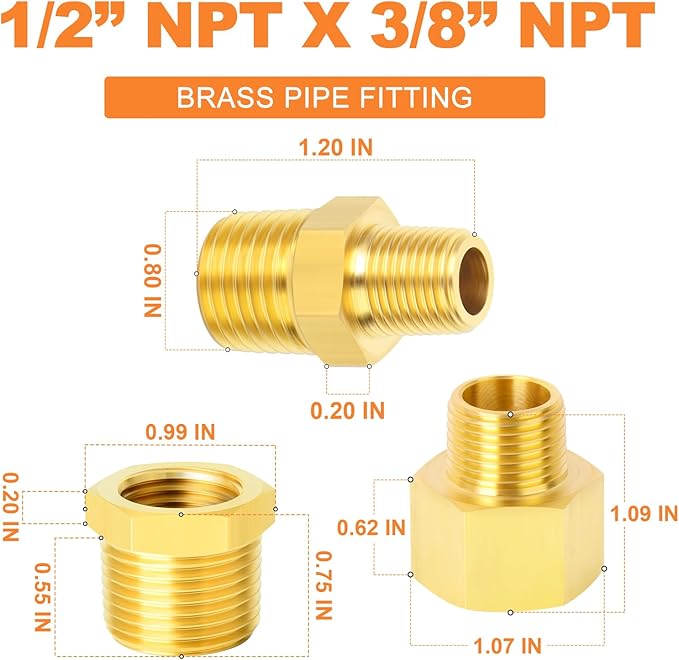 GASHER 30PCS Brass Pipe Fitting, Hex Bushing, Reducer Adapter, Reducing Hex Nipple 1/2 Inch NPT x 3/8 Inch NPT
