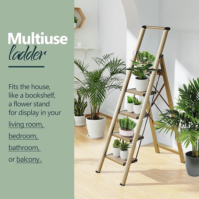 WOA WOA 5 Step Ladder for 10 Feet High Ceiling, Lightweight Foldable Ladder with Non-Slip Wide Pedals, Step Stool with Safe Handrail, Space Saving for Home, Kitchen, Indoor & Outdoor 300lbs - Gold
