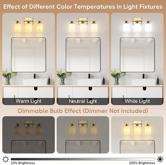 Ascher Bathroom Light Fixtures, 3-Light Vanity Light Over Mirror, Gold Wall Sconces with Milky White Frosted Glass Shades, Wall Lamp for Living Room Bedroom, E26 Base(Bulbs Not Included)
