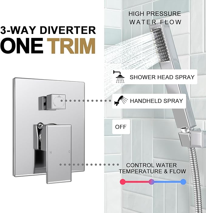 Lava Odoro Modern 2-Setting Square Shower System with Rain Shower Head and Handheld Spray Chrome, Rainfall Shower Faucet Set Chrome, Shower Valve and Trim Kit, Polished Chrome SF103-C