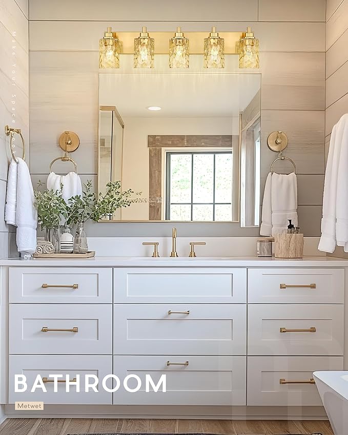 5-Light Bathroom Light Fixtures, 30 Inch Brushed Gold Vanity Lights with Clear Hammered Glass Cylinder Shade, Modern Vanity Lighting Fixture Over Mirror, VL198-BG-5