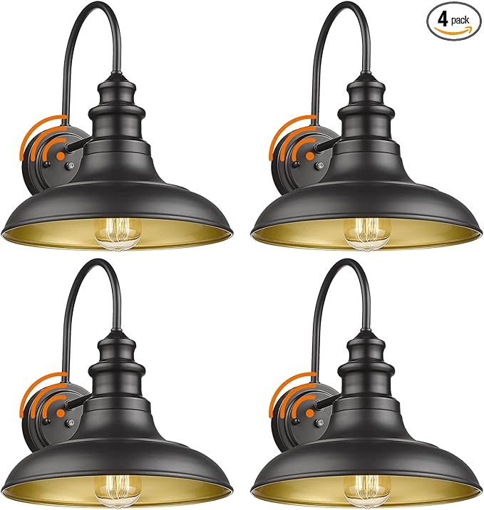Dusk to Dawn Sensor Outdoor Barn Light Fixtures Outdoor Wall Sconces Farmhouse Wall Mount Lights Exterior Gooseneck Light Fixture Black Finish Industrial Wall Lantern for Porch, Entryways, 4 Pack