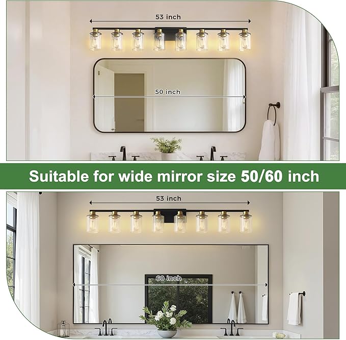 DORESshop 55 Inch Bathroom Light Fixtures, 8-Light Black and Gold Bathroom Lighting Fixtures Over Mirror with Glass Shade, Modern Vanity Lights for Hallway Bedroom