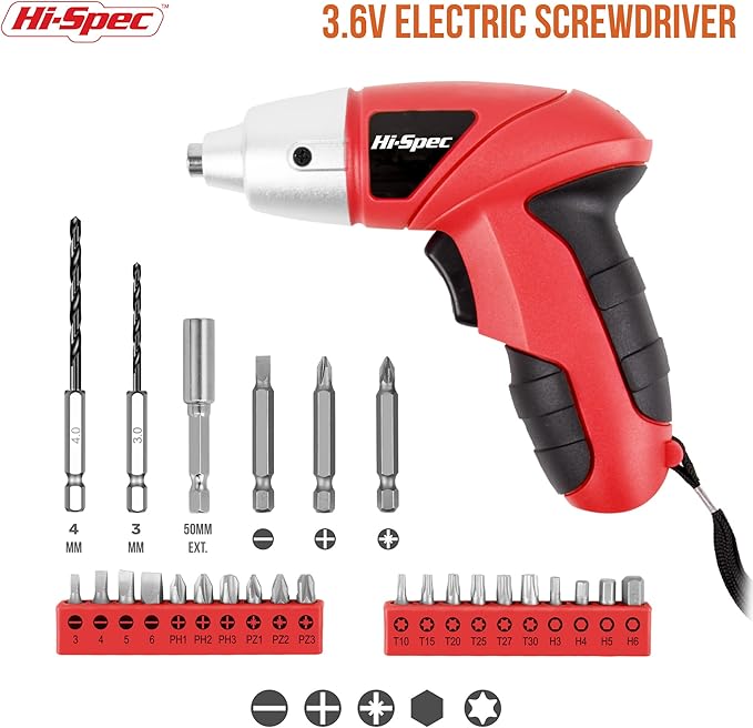 Hi-Spec 27pc 3.6V Red Small Power Electric Screwdriver Set. Cordless & Rechargeable with Driver Bit Set
