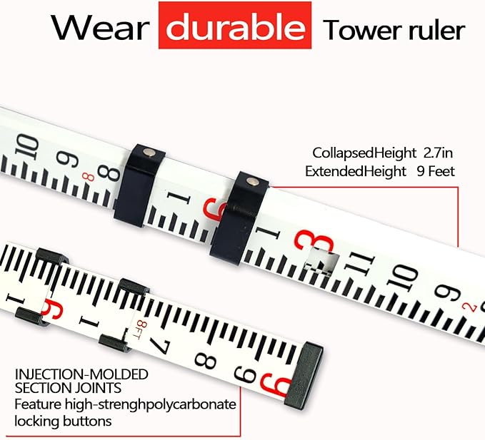 Grade Stick 9-Foot Aluminum Grade Rod - 10ths，Grade Rod，Grade Stick for Laser Level，Survey Rod，Grade Rods，Survey Pole，With Bubble Level, 3-Stage Telescopic，Double-Sided Scale Telescopic Leveling Rod