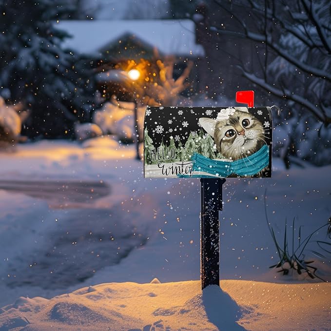 Hello Winter Cat Magnetic Mailbox Covers Standard Size 21x18 Inch Snowflakes Pine Tree Post Box Mailbox Wraps Cute Cat Cover Outdoor Decor for Garden Yard