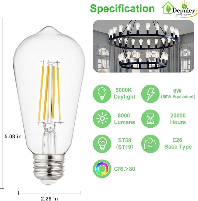 Depuley LED Light Bulbs E26: Chandelier Lights Bulbs 6W Equivalent 60W - Edison Vintage Bulbs Daylight 5000K ST58 Clear Glass Bulb 800 LM 80+CRI Non-Dimmable 24-Pack