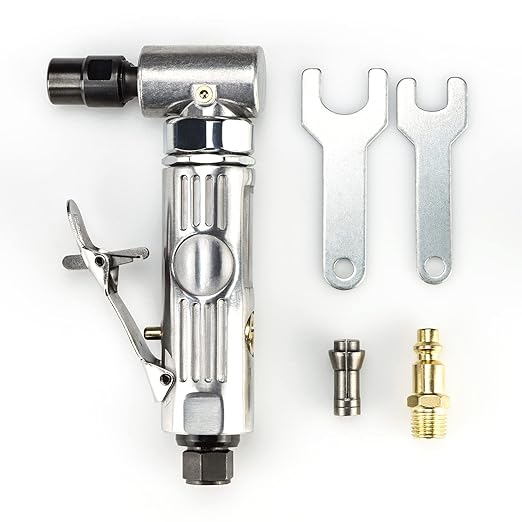 Air Angle Die Grinder, 0.25 hp and 21,000 RPM Motor, Lightwight Aluminum Body, Safety Lock, With 1/4" 1/8" Collets, Pneumatic Power Tool For Grinding and Polishing on Metalwork Woodwork