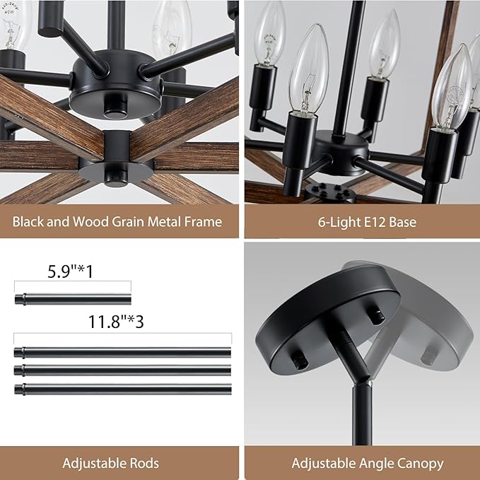 Modern Farmhouse Chandelier, 20'' Black and Wood Grain Dining Room Light Fixture, Geometric Pendant Light for Living Room Kitchen Bedroom Hallway, 6-Light Adjustable Hanging Chandelier Lamp