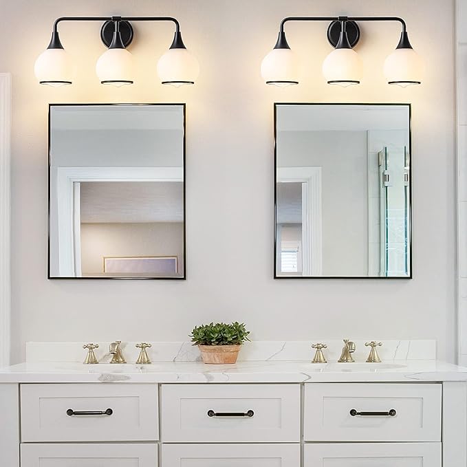 Black Bathroom Light Fixtures 3-Lights Vanity Lights with Milky White Frosted Glass Shade Bathroom Vanity Light 22.4 inch Wall Sconce Lighting Bath(Exclude E26 Bulb)