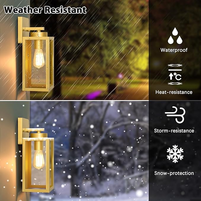 BesLowe 2-Pack Outdoor Wall Light Fixtures, Exterior Waterproof Wall Lanterns, Porch Sconces Wall Mounted Lighting with E26 Sockets & Glass Shades, Modern Wall Lamps for Patio Front Door, Gold