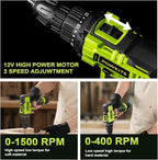 Cordless Drill Tool Set: 12V Power Drill Tool Kit with Battery & Charger, 142Pcs Home Hand Repair Tools Box, Portable Household Basic Drills Case for Men & Women, Green