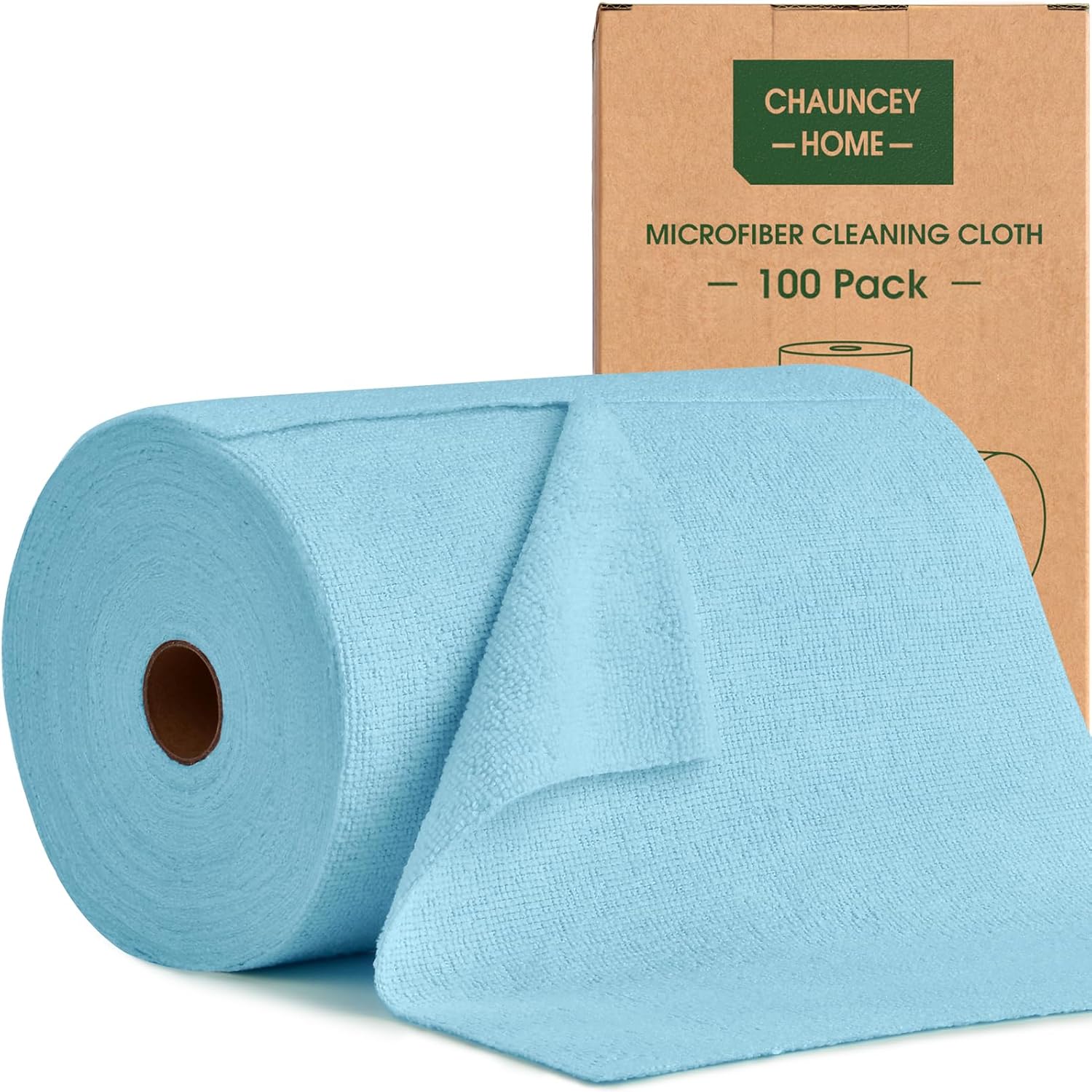 Roll of Microfiber Cleaning Cloth –100 Pack, Tear Away Microfiber Towels, Reusable, Washable, Scratch-Free, Cleaning Supplies,Kitchen Towels for Car, Home, Kitchen, Glass, Dishes(Blue)