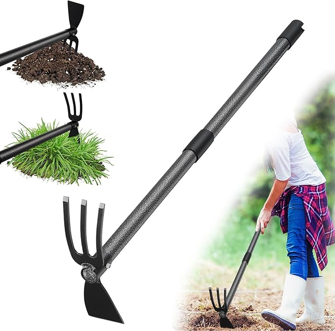 Hoe Garden Tool, 30 Inch Garden Hoe Adjustable Long Handle, 2 in 1 Garden Hoe for Weeding, Stainless Steel Weeder Tool for Yard Long Handle, Gardening Hoe for Planting, Lossening, Digging