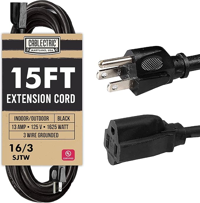 Weatherproof Black Extension Cord 15 ft, 16/3 SJTW 15 Foot Outdoor Extension Cord 3 Prong, 13 Amp Heavy Duty Exterior Power Cable Great for Outside, Landscaping & Lawn - UL Certified