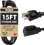 Weatherproof Black Extension Cord 15 ft, 16/3 SJTW 15 Foot Outdoor Extension Cord 3 Prong, 13 Amp Heavy Duty Exterior Power Cable Great for Outside, Landscaping & Lawn - UL Certified