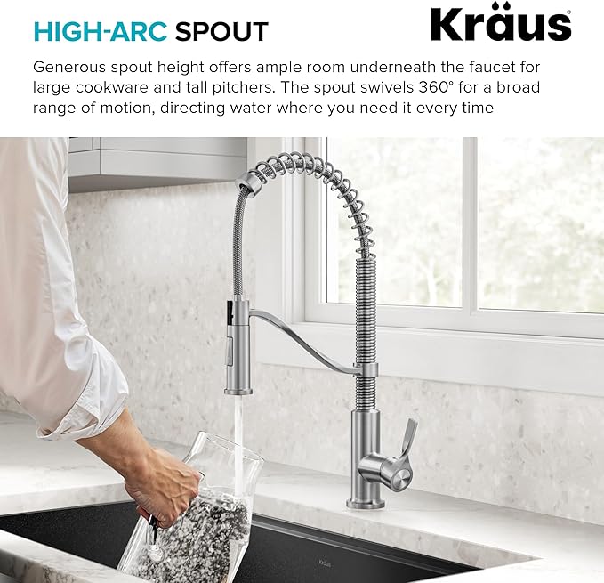 KRAUS Torak Pull Down Kitchen Faucet in Spot-Free Stainless Steel with Commercial Style Spring Spout, 2 Function Sprayer, Pre-Attached Water Lines, and Mounting Hardware, KPF-2635SFS