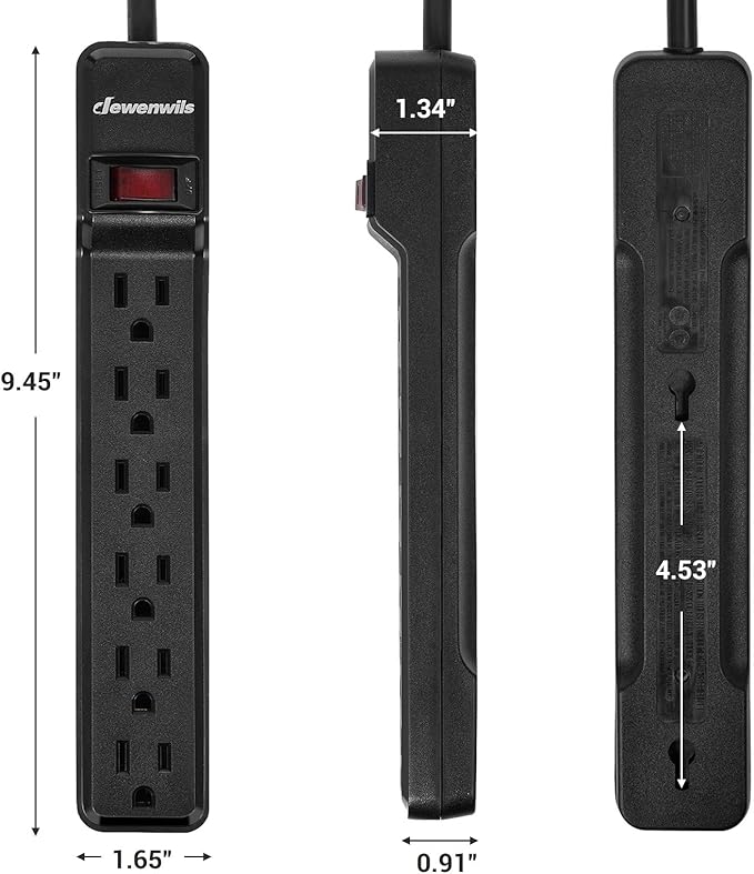 DEWENWILS 2-Pack 6-Outlet Power Strip Surge Protector, 6Ft Long Extension Cord, UL Listed, Low Profile Flat Plug, 15 Amp Circuit Breaker, 500 Joules, Wall Mount, Black