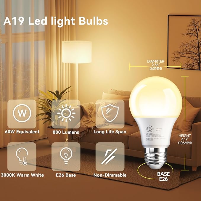 TJOY 24 Pack A19 LED Light Bulbs Warm White 3000K, 60 Watt Equivalent, Efficient 9W, E26 Standard Base, Non Dimmable Energy Saving Warm Light Lamp Bulb, 800LM, 120V, for Home, Bedroom, Living Room
