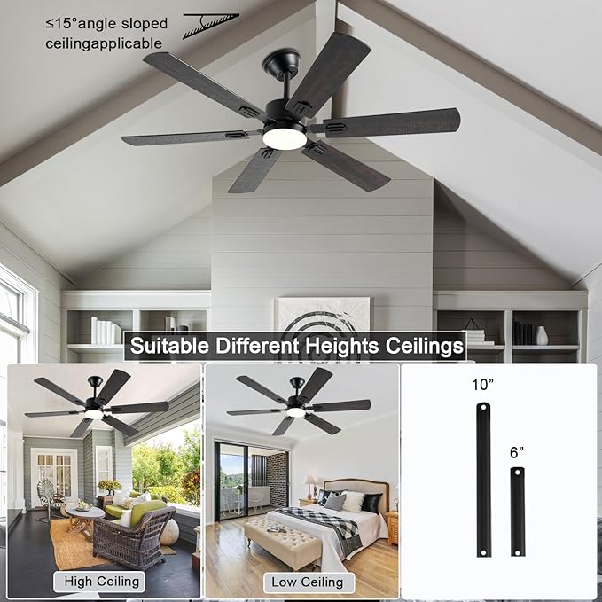 56inch Ceiling Fans with Lights and Remote/App Control, Dimmable LED, Reversible DC Motor, Noiseless, 6 Double-side blades, Modern Low Profile Ceiling Fan for Indoor/Outdoor Use (Brown)