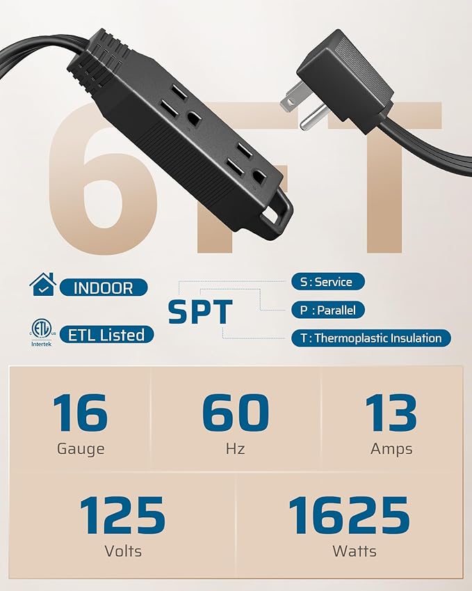 DEWENWILS 6FT Flat Plug Extension Cord, 3 Prong Ultra Thin Power Strip, 13A/125V/1625W, 16/3 Awg Grounded Flat Power Cable for Indoor Narrow Space, SPT-3 Cord, ETL Listed, Black, 2 Pack