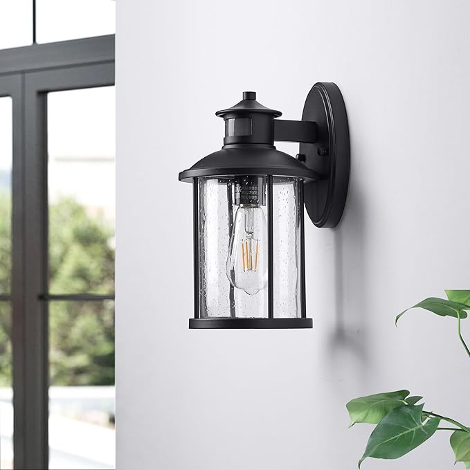MICSIU 11.5 Inch Motion Sensor Outdoor Wall Light Fixture, Dusk to Dawn Outdoor Light with Clear Seedy Glass, Matte Black Exterior Light for House, Front Porch, Garage, Walkway