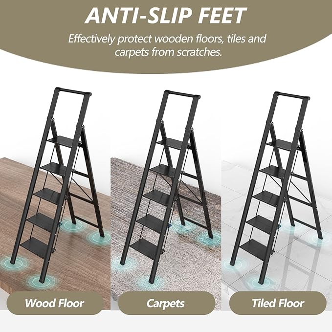 5 Step Ladder, Folding Step Stool, Portable Iron Foldable Black Ladder for 10 Foot High Ceiling with Anti-Slip Wide Sturdy Pedal and Handgrip, Multi-Use for Home (300 lbs Capacity)