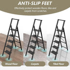 5 Step Ladder, Folding Step Stool, Portable Iron Foldable Black Ladder for 10 Foot High Ceiling with Anti-Slip Wide Sturdy Pedal and Handgrip, Multi-Use for Home (300 lbs Capacity)