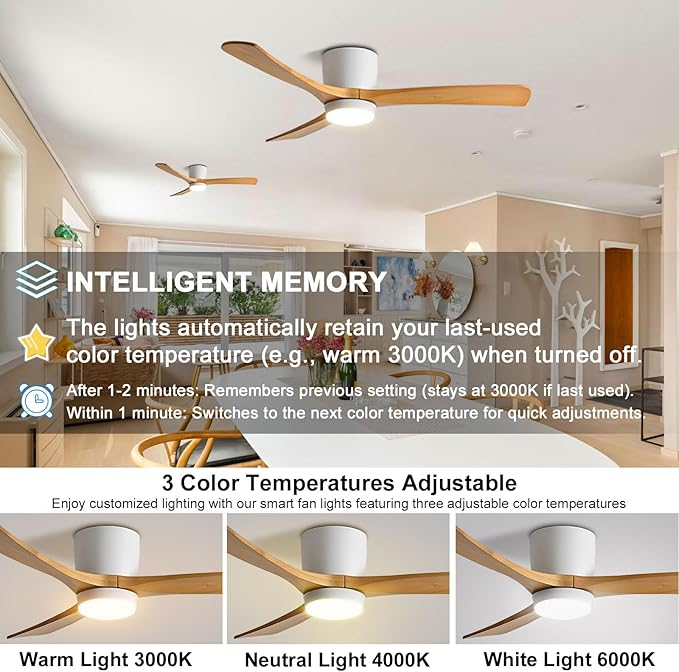 36in Quiet Ceiling Fans with Lights Remote ETL Listed White Ceiling Fan Light 6 Gear Wind Speed, Solid Wood Blades Modern Indoor Ceiling Fan for Bedroom Living Room Dining Room