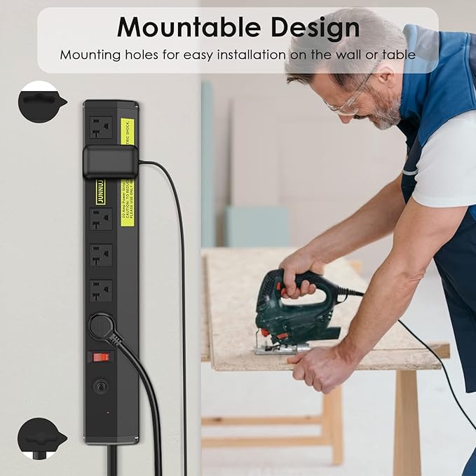 JUNNUJ 20 Amp Power Strip Heavy Duty 2 Pack,Heavy Duty 20 Amp Surge Protector 4800J, Garage Metal 6 Outlets 12 Gauge Extension Cord 10ft