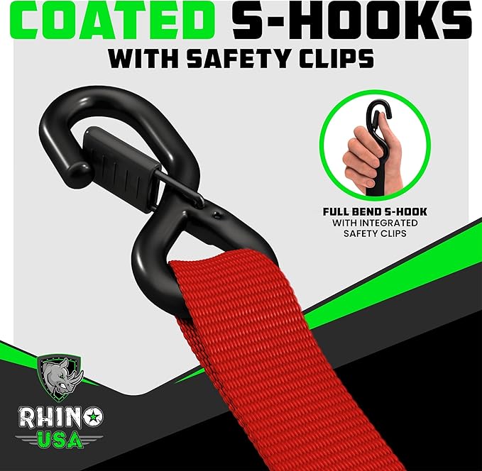 Rhino USA Ratchet Straps Heavy Duty Kit (4-Pack) - 1.6 Inch x 15 Feet (5,208lb Break Strength) - Ultimate Tie Down Straps with Safety S Hooks for Trucks, ATV, UTV, Motorcycle, Cargo & More - Red