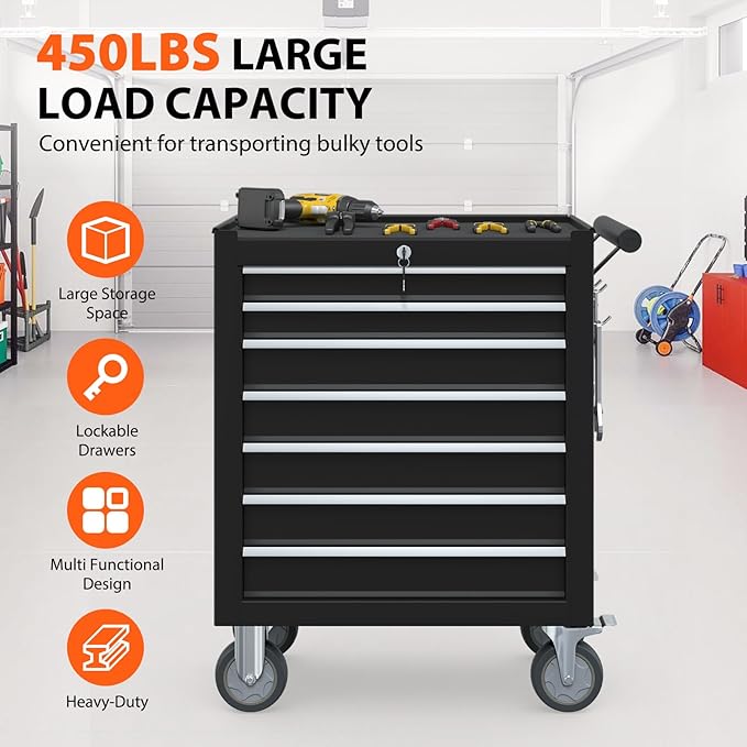 7-Drawer Rolling Tool Chest, Tool Box with 4 Wheels and Drawers, High Capacity Detachable Mobile Tool Storage Cabinet for Garage, Workshop, Mechanics and Repair Room (Black)