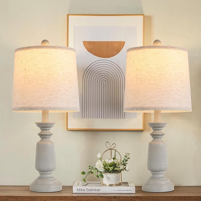 Terpsichore Lamps Set of 2 Modern Farmhouse Table Lamp Bedside Reading Lights Living Room End Lamps Bedroom Night Light,High 22.5 Inch,Antique Grey,with Fabric Lamp Shade,Bulb Not Included