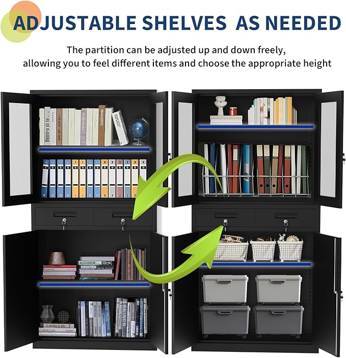 GarveeHome 72" Metal Storage Cabinet with Drawers Locking Doors & 2 Drawers,Heavy Duty Rolling Garage Organizer with 3 Adjustable Shelves