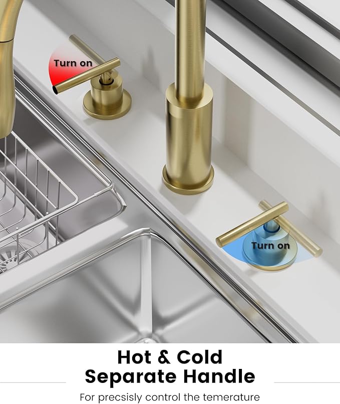 APPASO 4 Hole Kitchen Faucet, Gold Two Handle Kitchen Faucets with Sprayer, Modern High Arc 3 Hole Kitchen Faucet with Pull Down Sprayer，3 Modes Stainless Steel Kitchen Sink Faucet