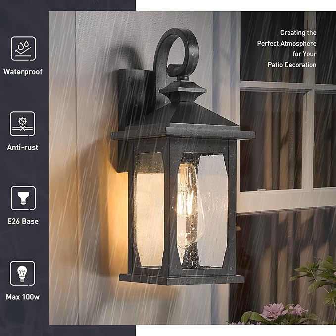 zeyu 2 Pack Outdoor Wall Sconces, 14.4 Inch Farmhouse Outdoor Porch Lights Wall Mount with Seeded Glass, Die-Cast Aluminum, Black Finish, ZD99B-2PK BK