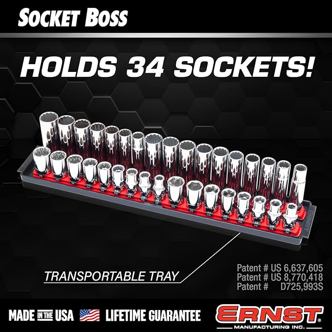 Ernst Manufacturing 8487 Socket Boss, 2 18-Inch Rails featuring Twist-Lock Secure Socket Holder and Drawer Tray, Fits 1/2 Inch Drive Sockets, Green - Made in USA