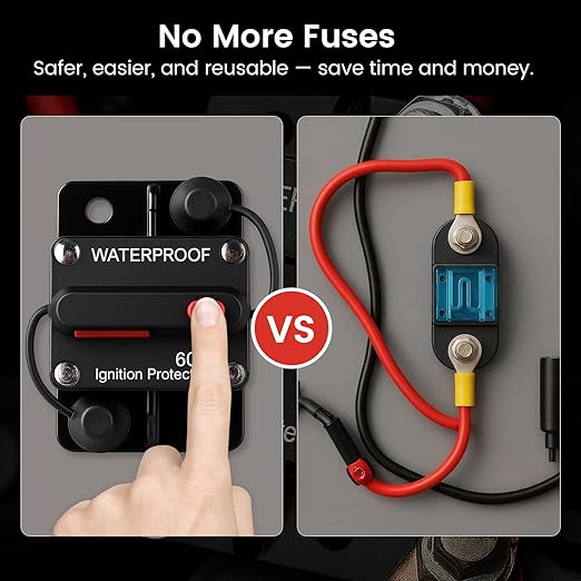 60A Waterproof DC Circuit Breaker with Manual Reset, 12V–48V Inline Fuse with Screws & Terminals for Trolling Motor, Marine, RV, Car Audio, Solar Battery System