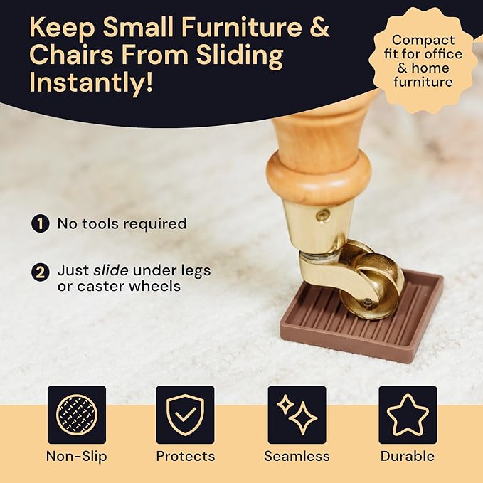 CasterMaster Non Slip Furniture Pads - 2 in x 2 in Brown 4 Pack - Chair Leg Floor Protectors & Furniture Sliders for Hardwood, Vinyl & Tile Floors - Bed Stoppers