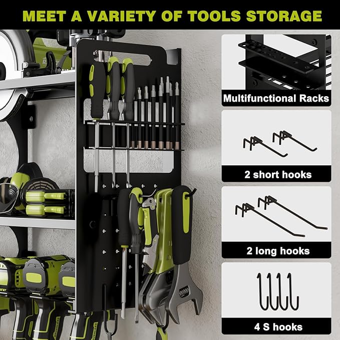 64" Power Tool Organizer Wall Mount, 16 Slots, 3-Tier Drill & Cordless Tool Storage Holder with Pegboard Sides, Tool Wall Organizer for Garage & Workshop Black