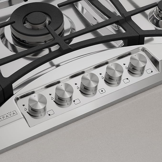 Empava 36 in. Gas Stove Cooktop 5 Italy Sabaf Sealed Burners NG/LPG Convertible in Stainless Steel, 36 Inch