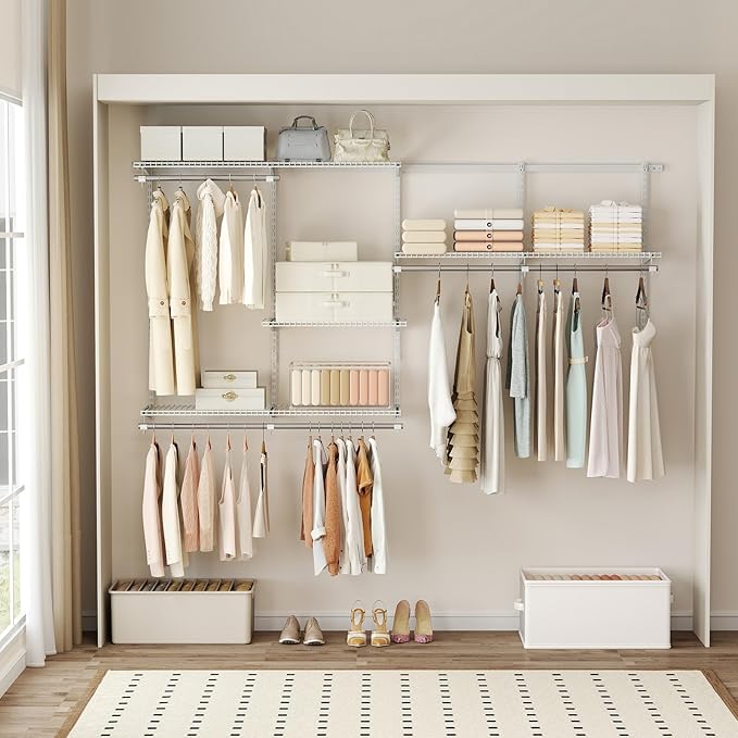 Giantex Closet Organizer System, 4-8 FT Wall-Mounted Closet Shelves and Rod, Adjustable Closet Organization w/ Hanging Rod, DIY Expandable Modular Metal Wire Shelving for Laundry Bedroom (White)