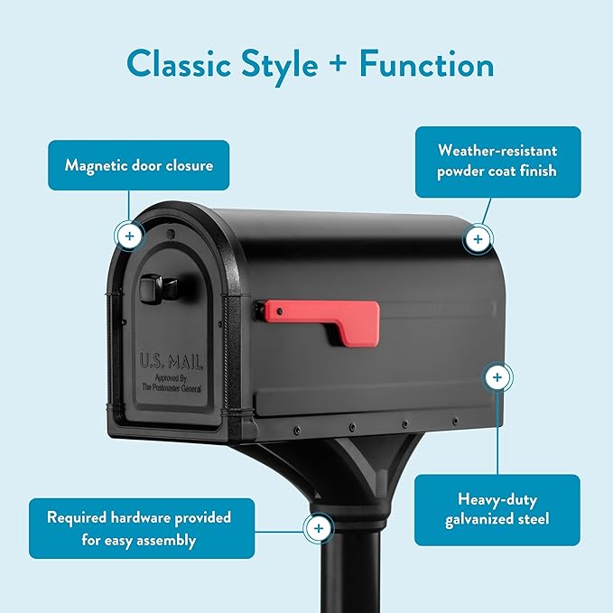 Architectural Mailboxes 7980B-10 Roxbury Mount Mailbox and Premium Steel Post Combo, Medium, Black